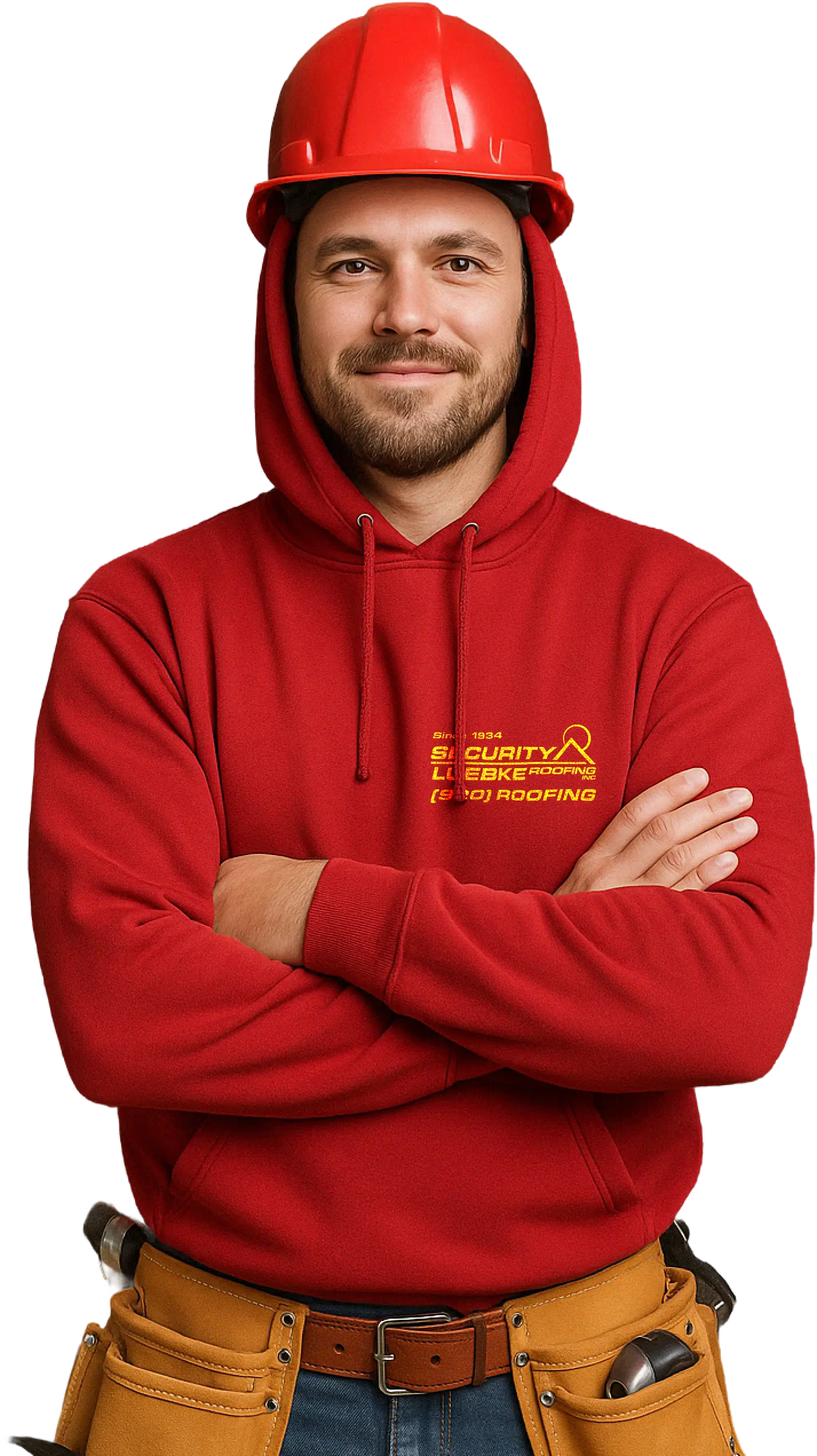 Man in red hard hat and red sweatshirt with Security Luebke Roofing logo on it